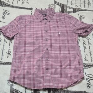 Men's Short-Sleeve Plaid Button-Up Shirt - Pink - Unknown Brand